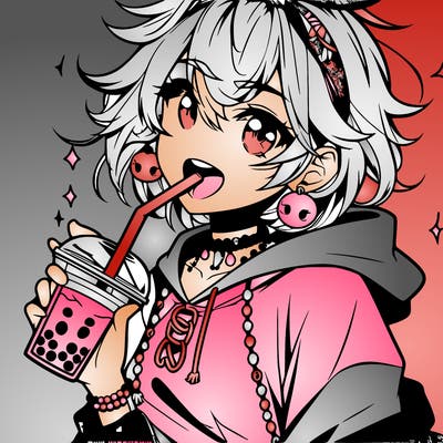 hot baddie anime girl drinking boba and biting the straw