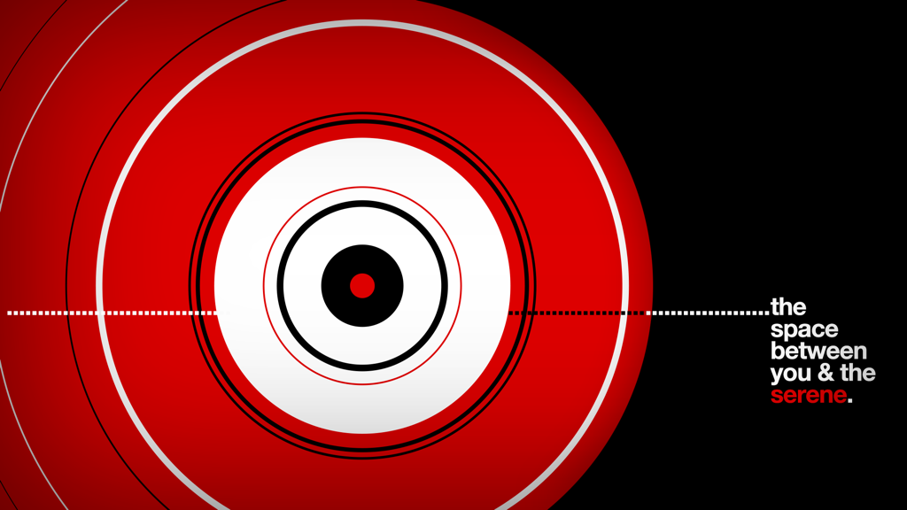 Hundreds - Un gráfico minimalista de círculos concéntricos rojos y blancos del juego Hundreds con texto artístico.