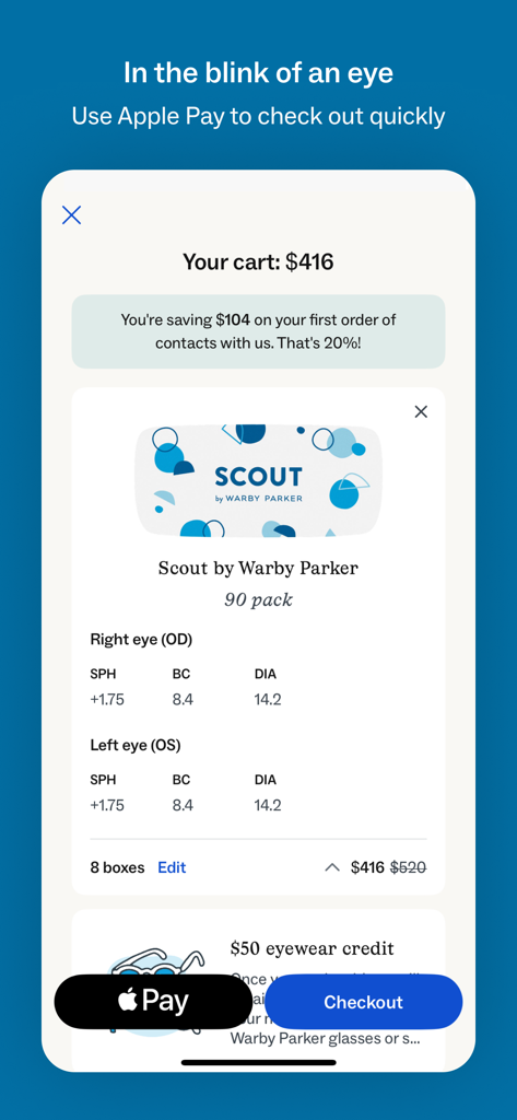 Warby Parker - 콘택트렌즈 주문 세부 정보와 Apple Pay 통합을 보여주는 Warby Parker 앱 결제 화면