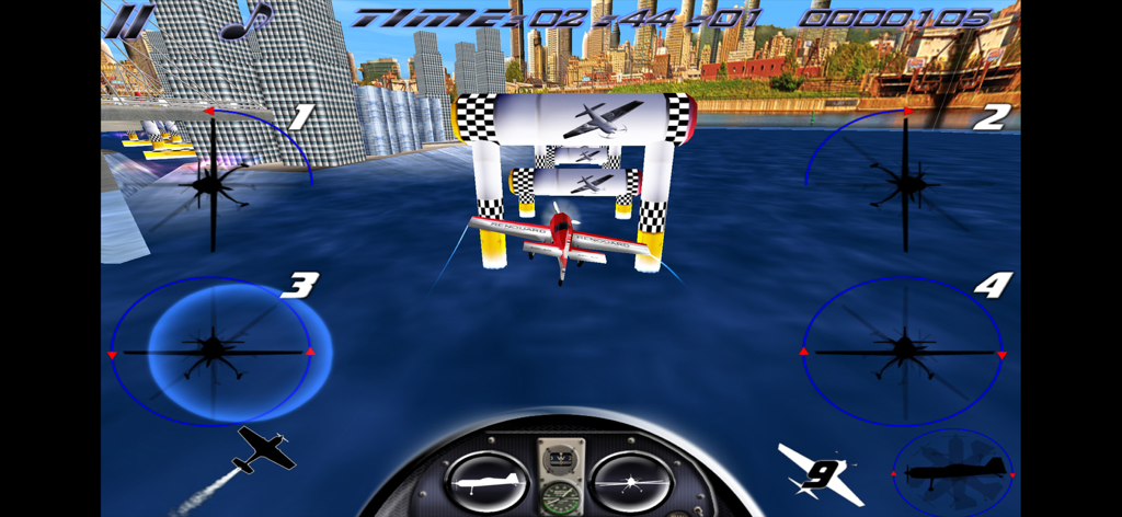 AirRace SkyBox - Gameplay screenshot of AirRace SkyBox showing a Sukhoi 26 airplane cockpit view racing through a city over water.