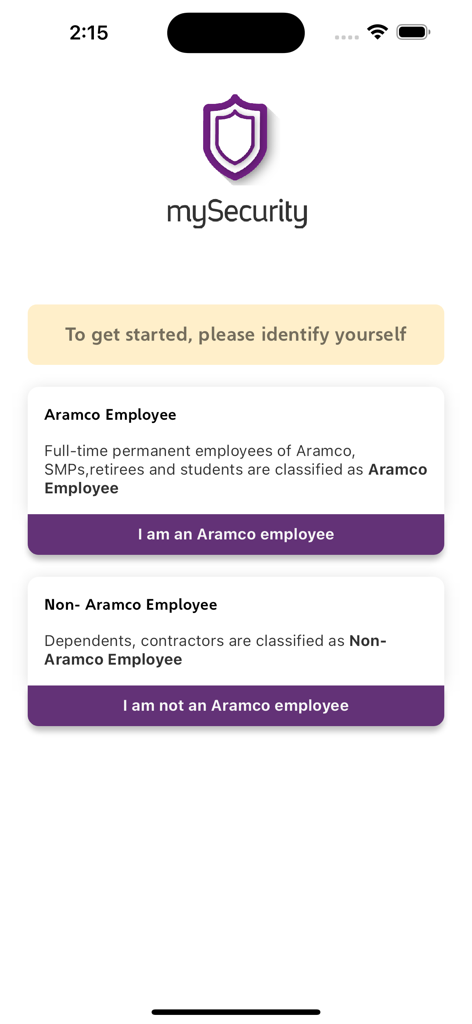 The identification screen for the mySecurity SAO app featuring options for Aramco employees and non-employees.