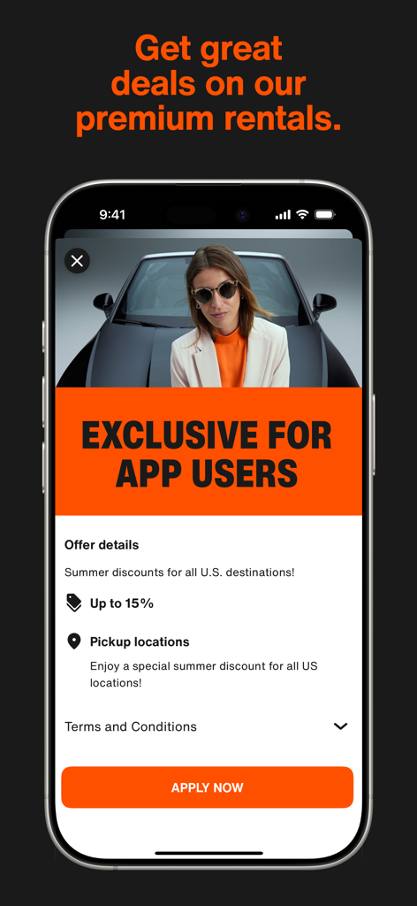 SIXT rent, share, ride & plus - Schermata dell'app mobile SIXT che mostra un'offerta esclusiva per gli utenti dell'app con uno sconto fino al 15% sui noleggi premium negli Stati Uniti.