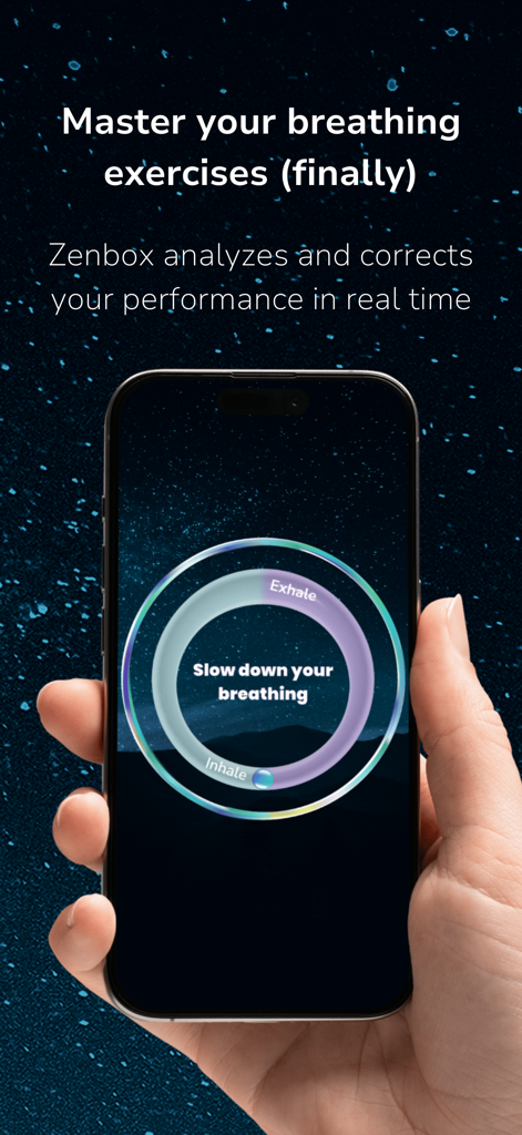 Zenbox: breathing - iPhone screen showing the Zenbox app interface providing real-time feedback and correction for a breathing exercise
