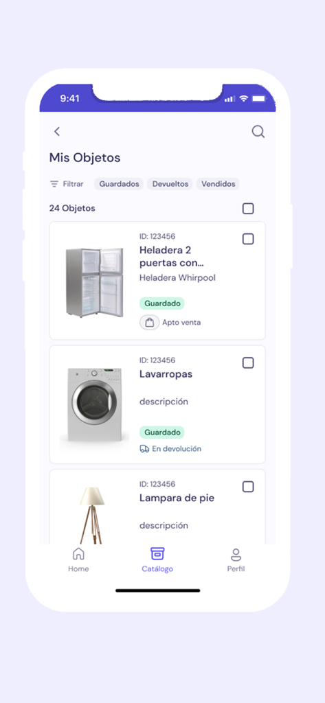 SpaceGuru - SpaceGuru mobile app digital catalog displaying stored household items like a refrigerator and washing machine