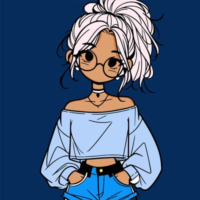 girl with a messy ponytail glasses a baggy crop top and jean shorts