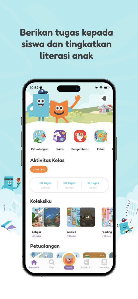 BukuAku - BukuAku app interface showing children reading assignments and digital book collections