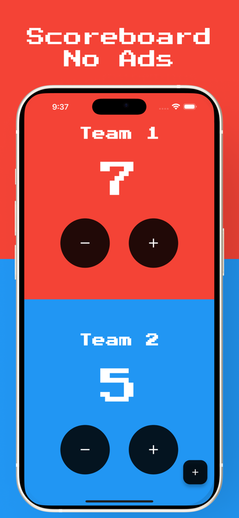 Score Keeper - Scoreboard - A mobile scoreboard interface with red and blue split screens showing scores for two teams in a retro arcade pixel font