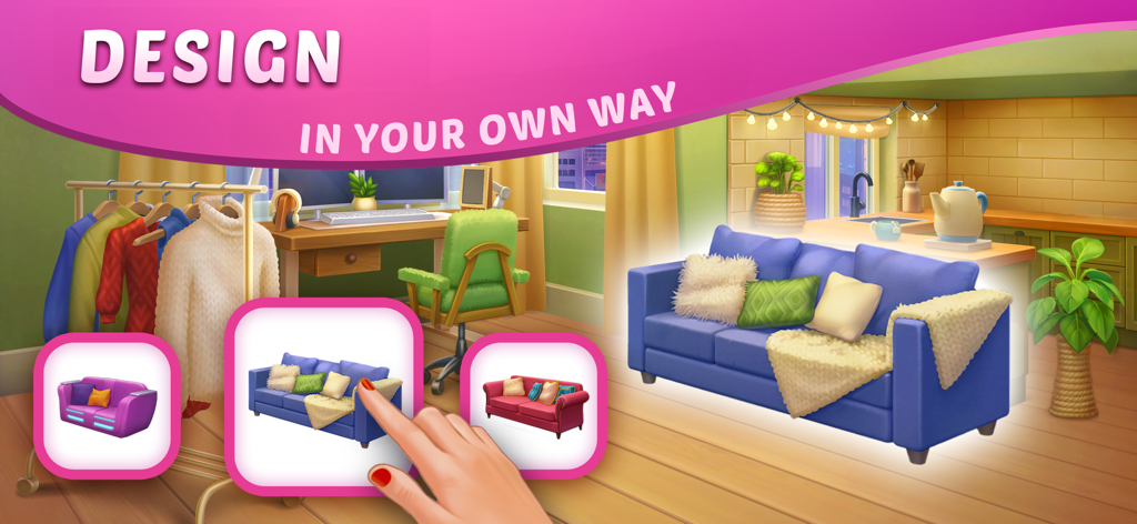 DesignVille: Merge & Design - DesignVille에서 방 디자인을 사용자 정의하기 위한 가구 옵션 선택
