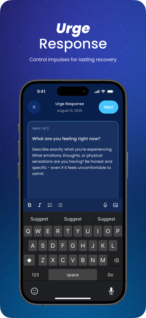 Overcome Lust: Rewire - Pantalla de la aplicación móvil que muestra una indicación de diario para manejar los deseos en la aplicación Overcome Lust Rewire