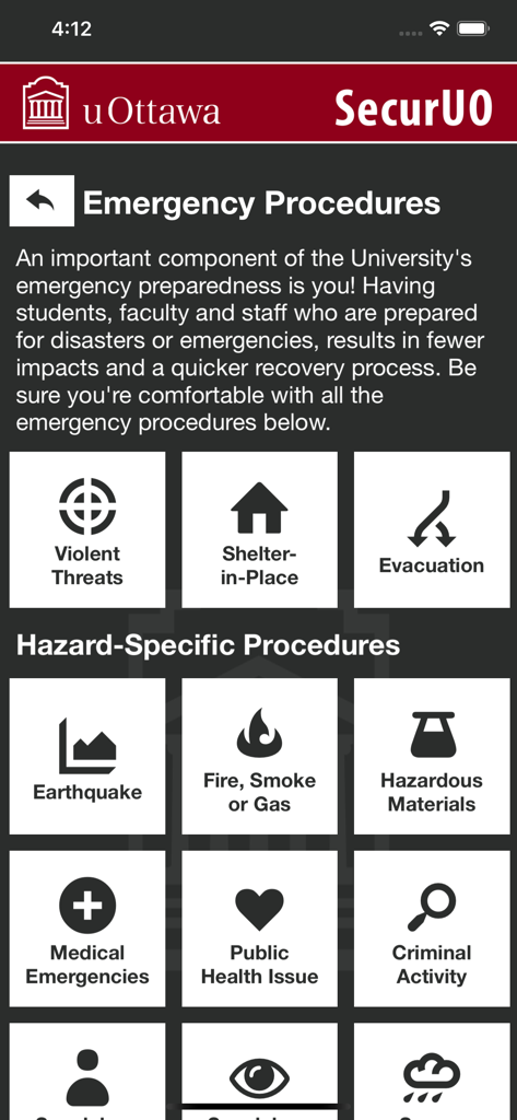 SecurUO - Pantalla de procedimientos de emergencia en la aplicación de seguridad del campus SecurUO