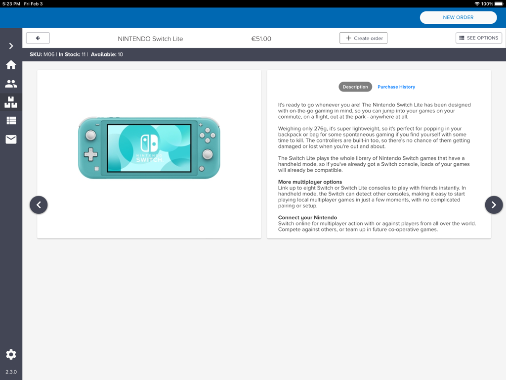 SalesRep by Aphix - SalesRep by Aphix product details screen on iPad showing a Nintendo Switch Lite with inventory and price information