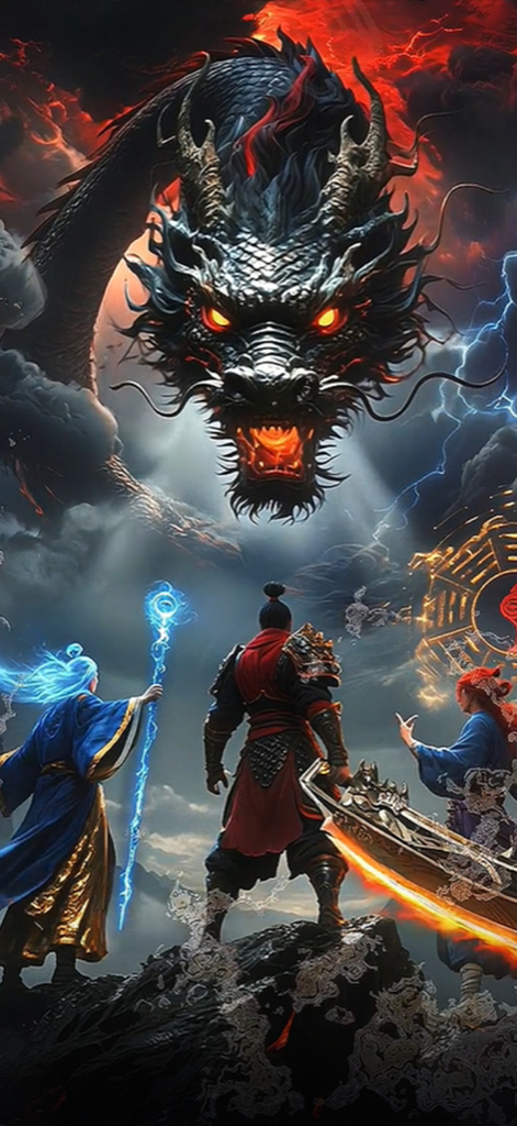 Three fantasy heroes stand before a giant black dragon with glowing red eyes.