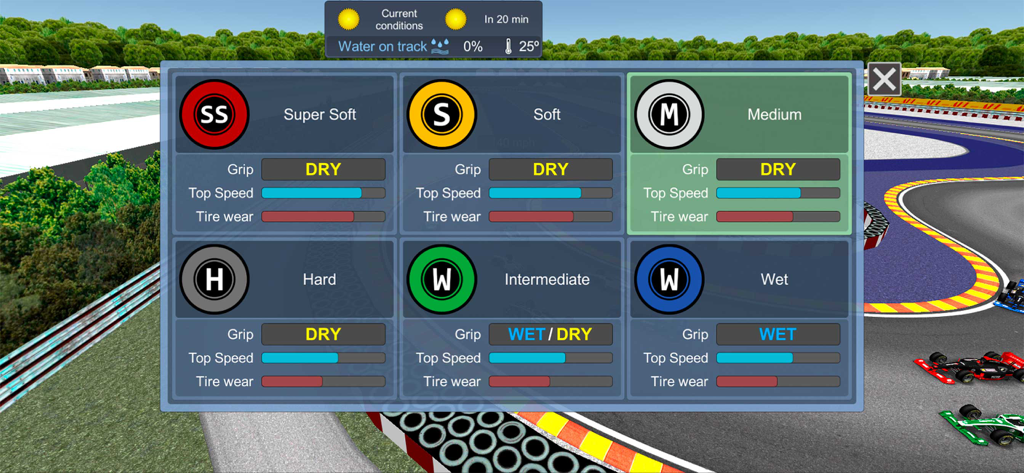 Race Master Manager - Tire selection menu in Race Master Manager showing performance stats for various tire compounds under different weather conditions.