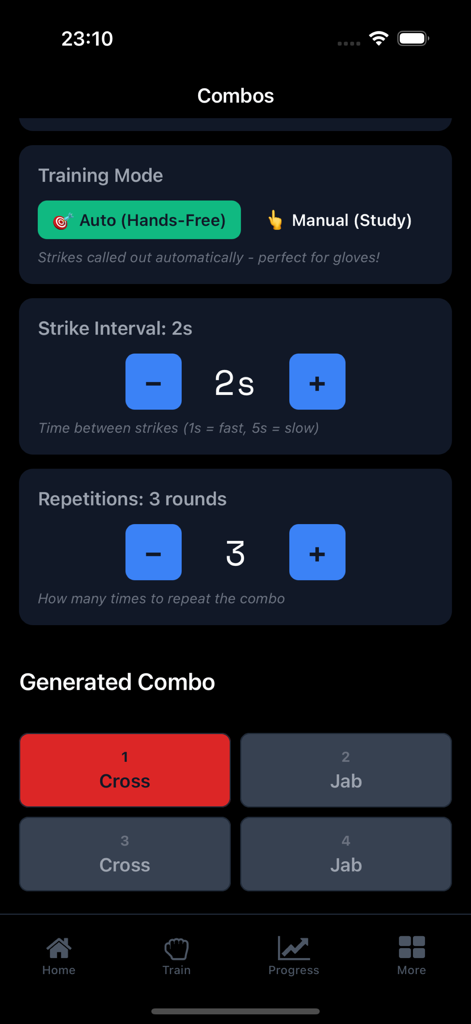 OctaCoach - La interfaz de la aplicación OctaCoach para generar combinaciones de artes marciales con configuraciones de entrenamiento por voz manos libres