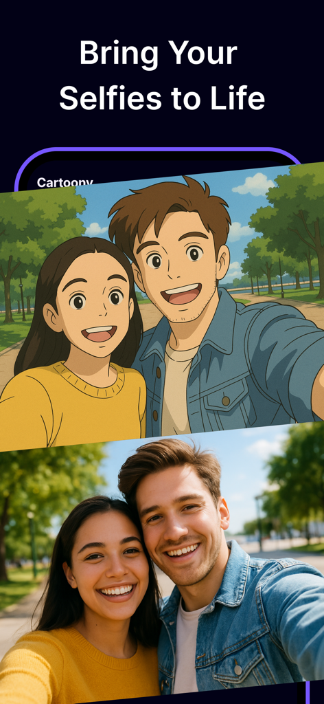 Cartoony: Cartoon Photo Editor - Una comparación lado a lado que muestra una selfie de pareja real transformada en una ilustración vibrante estilo anime.