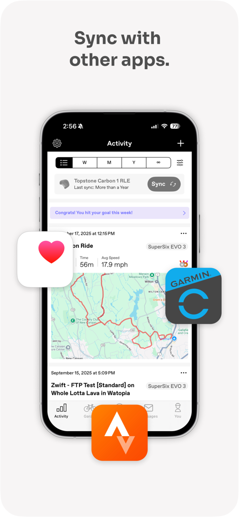 Cannondale - Cannondale app activity screen showing ride tracking and integration with Strava Garmin and Apple Health