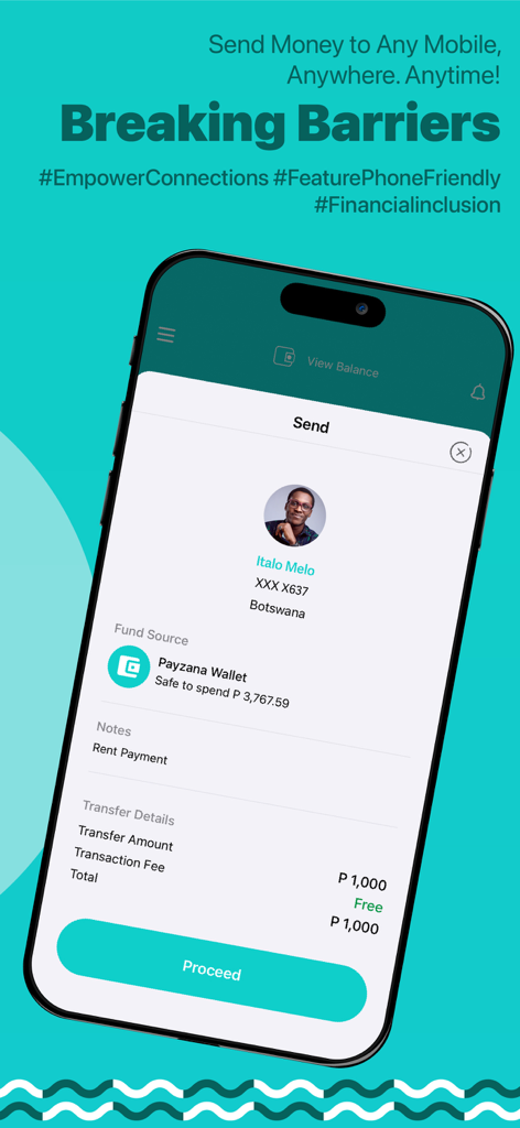 Payzana - Payzana mobile app screen showing a money transfer transaction with zero fees
