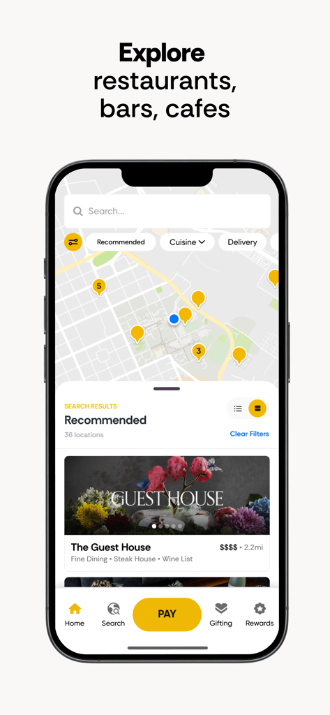 Ein mobiler Bildschirm mit der Restaurant-Entdeckungskarte der inKind-App und empfohlenen Empfehlungen