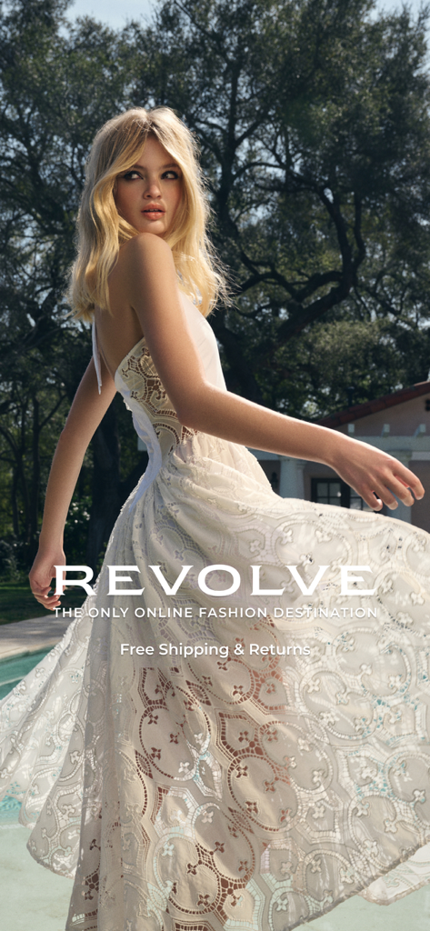 A model wearing a white lace dress on the REVOLVE app splash screen