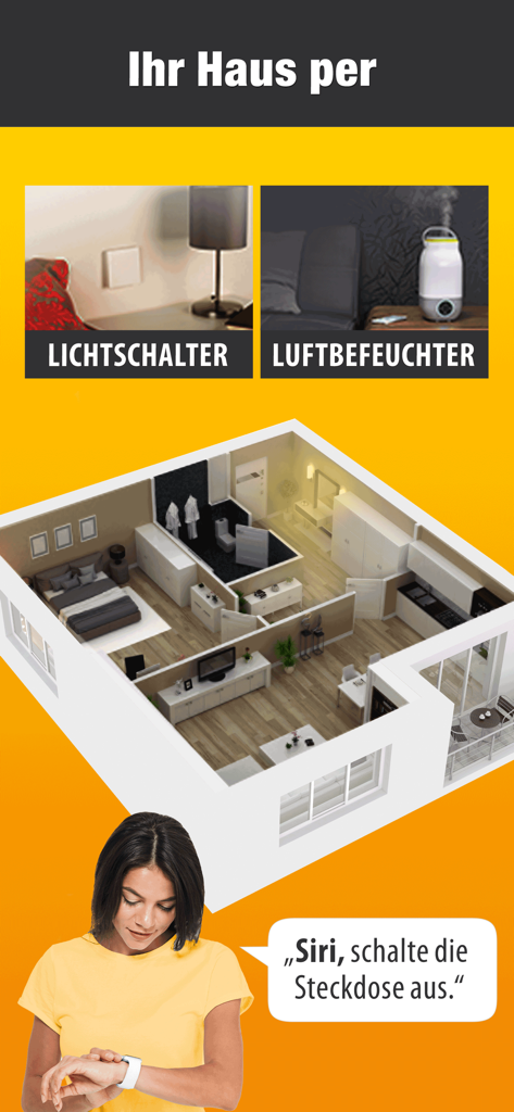 A woman using Siri on her Apple Watch to control smart home devices within the ELESION app featured over a 3D house floor plan.