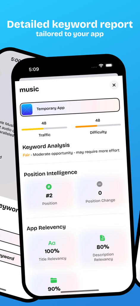 Radar App Keyword Optimization - Interface de l'application Radar montrant un rapport détaillé des mots-clés pour la musique avec des scores de difficulté de trafic et des métriques d'intelligence de position.
