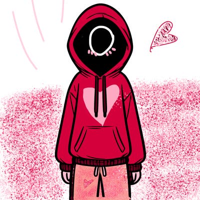 faceless girl in a tracksuit with a hood on and no hair