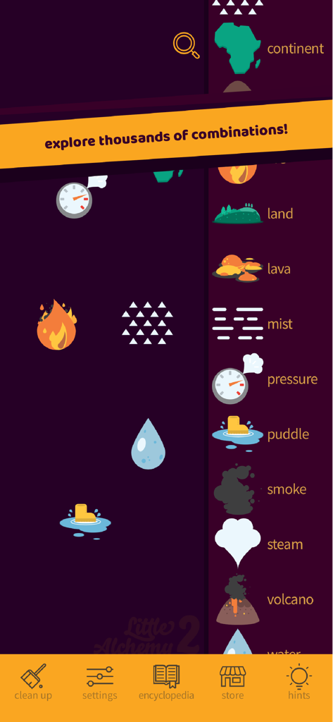 Captura de pantalla del juego de Little Alchemy 2 que muestra una lista de elementos para combinar, incluyendo fuego y agua