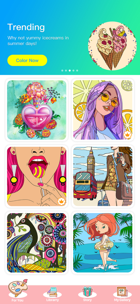 Color Master app home screen showing trending coloring categories and artworks