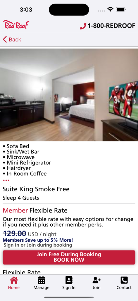 Red Roof - Mobile app screen showing a smoke-free king suite with amenities and booking options for Red Roof