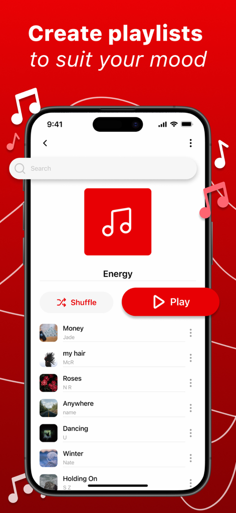 Eine Musikplayer-Oberfläche, die eine benutzerdefinierte Playlist namens Energy mit einer Liste von Songs und Wiedergabetasten zeigt