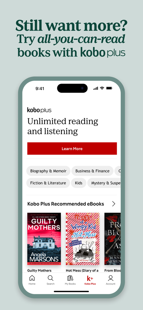 Kobo Books & Audiobooks - Interfaccia Kobo Plus che mostra lettura e ascolto illimitati con raccomandazioni di libri e categorie