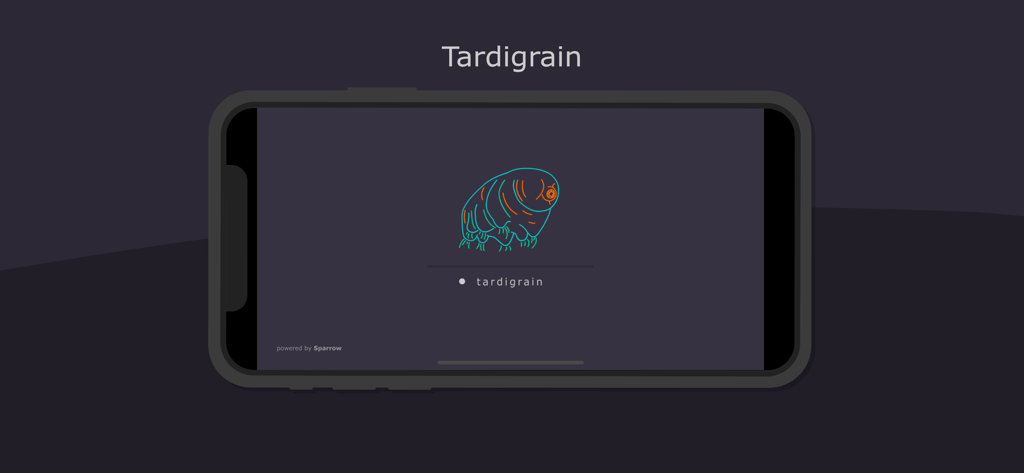 Schermata iniziale dell'app musicale Tardigrain con un'illustrazione stilizzata di un tardigrado su uno smartphone.
