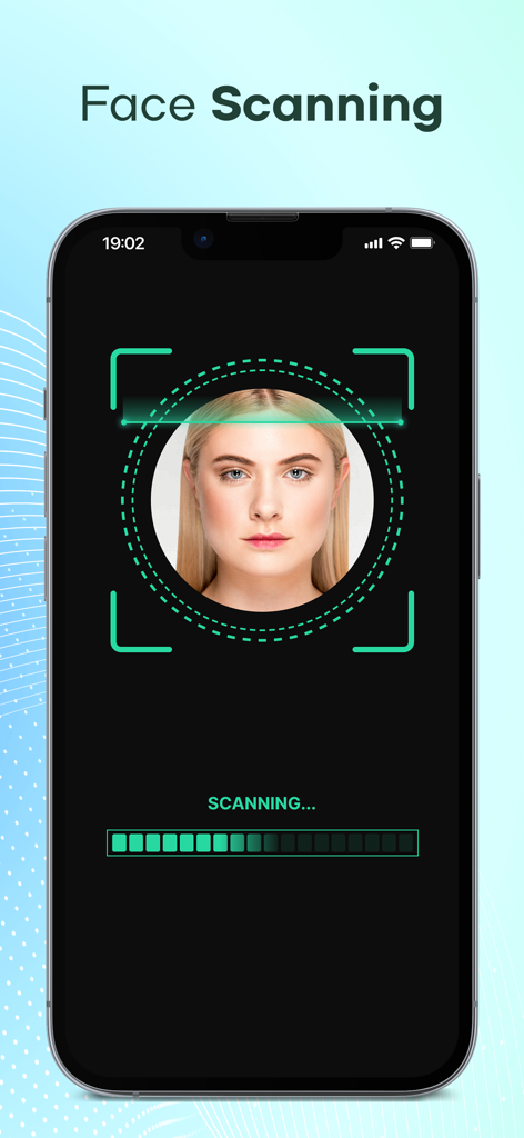 Schermata dello smartphone che mostra l'app Beauty Scanner durante l'esecuzione di una scansione facciale con una barra di avanzamento e un riquadro di scansione.