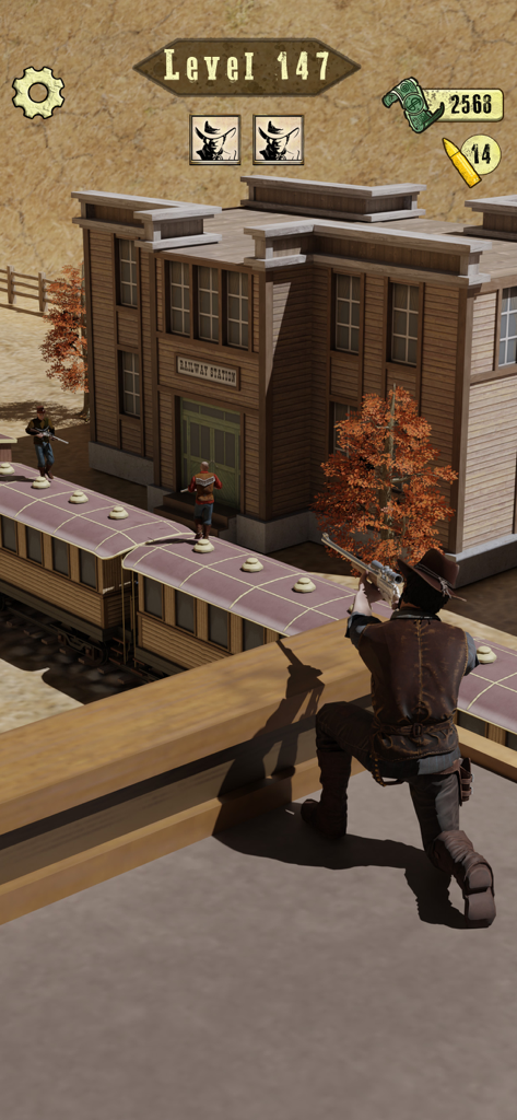 Wild West Sniper: Cowboy War - Ein Cowboy-Scharfschütze zielt mit einem Gewehr von einem Dach auf Feinde in der Nähe eines Western-Bahnhofs