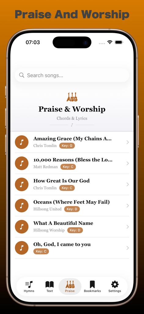 KarenHymnsPlus - A list of modern praise and worship songs with musical keys in the KarenHymnsPlus app interface