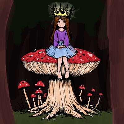 realistic girl sitting on a huge tree stump size toadstool with thorn crown