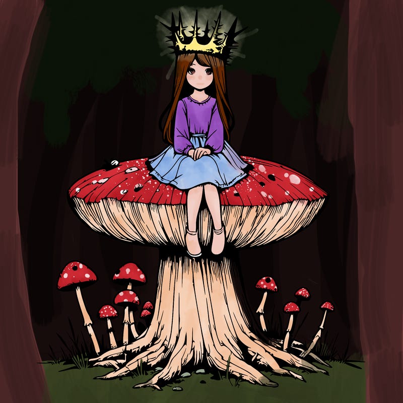 realistic girl sitting on a huge tree stump size toadstool with thorn crown