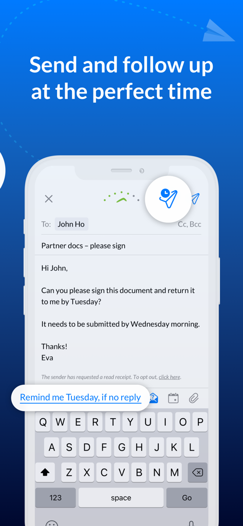 Email Client - Boomerang Mail - Boomerang Mail app interface showing the email follow up reminder feature