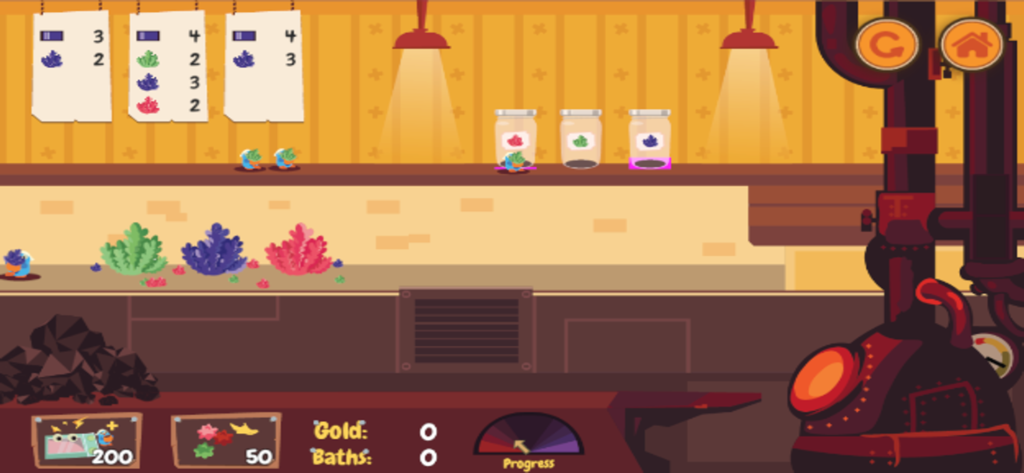 PenguBath - Penguin management gameplay showing a cozy bathhouse with a boiler and herb jars