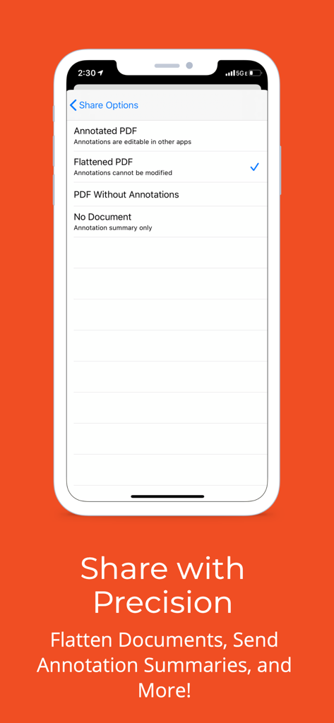 Interface do aplicativo iAnnotate 4 mostrando opções de compartilhamento de PDF, incluindo documentos nivelados e resumos de anotações