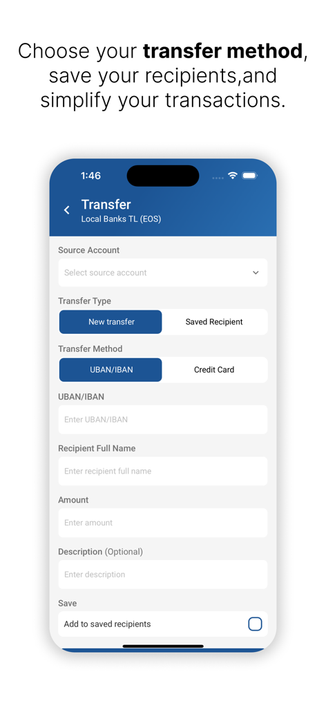 iktisatbank - Interfaz de la aplicación móvil de Iktisatbank que muestra un formulario de transferencia bancaria local con opciones para destinatarios UBAN e IBAN.
