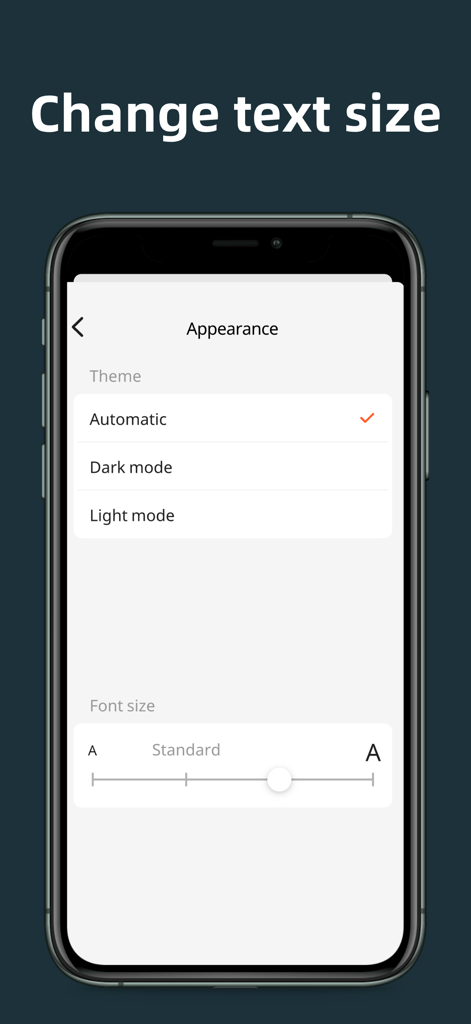 Configurações de aparência no aplicativo Sintonizador de Rádio FM mostrando ajuste do tamanho da fonte e opções de tema