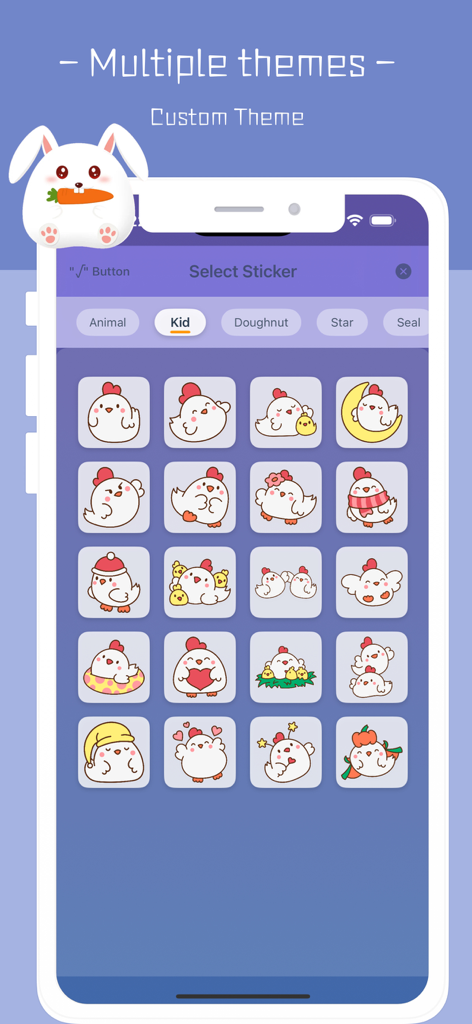 Calculator History - - 사용자 지정 테마 선택을 위한 귀여운 병아리 스티커 그리드를 보여주는 계산기 앱 화면