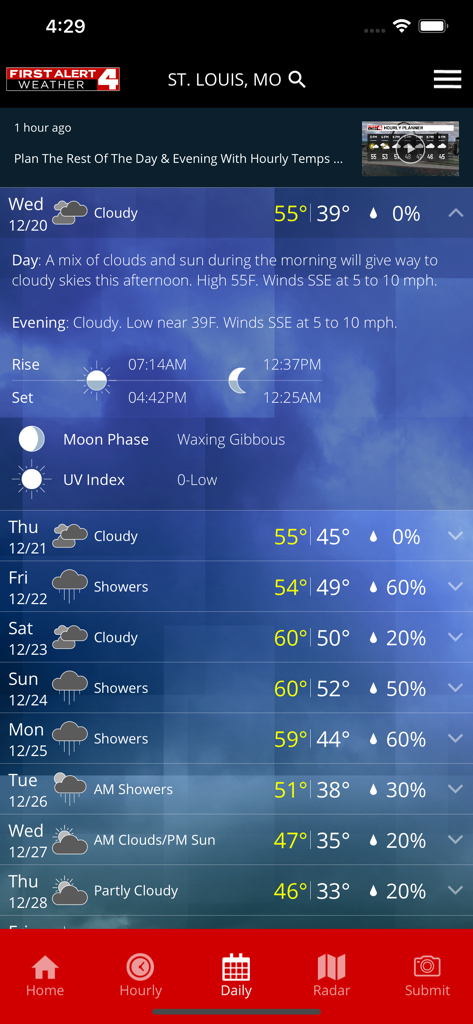 First Alert 4 Weather daily forecast screen for St. Louis Missouri showing local temperatures and conditions