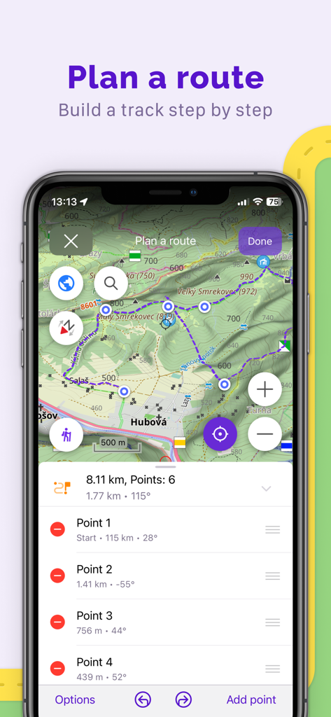 OsmAnd Maps Travel & Navigate - Interfaccia dell'app OsmAnd per la pianificazione di un percorso su una mappa topografica.