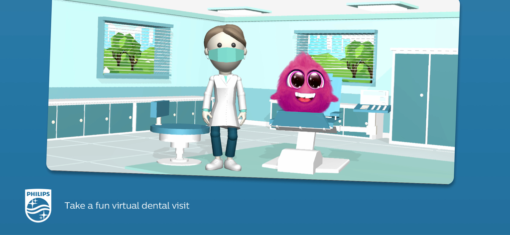 Personagem Sparkly visitando um dentista virtual no aplicativo Philips Sonicare For Kids