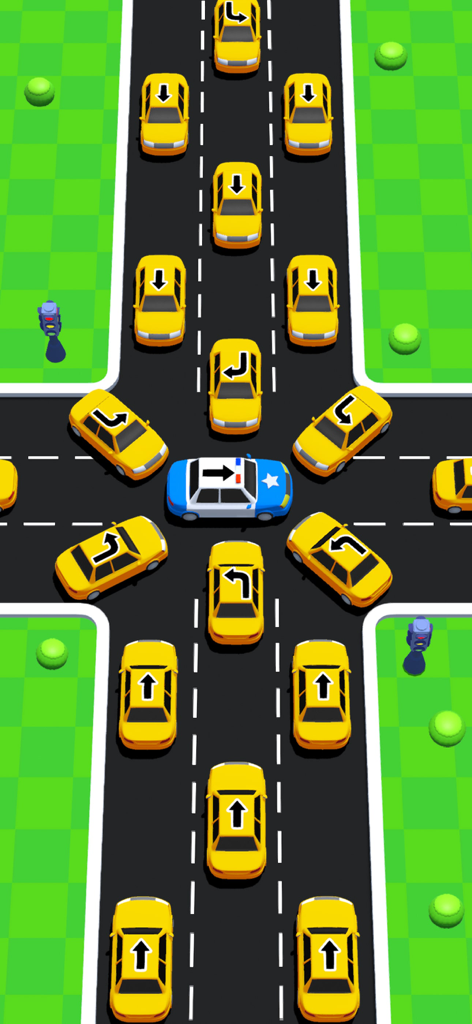 Unblock Cars: Traffic Control - Top-down view of a car traffic puzzle level with yellow cars and a blue police car