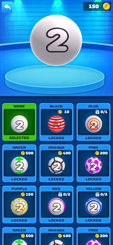 Customization menu in Ball Merge 3D showing different unlockable number ball designs and their coin prices