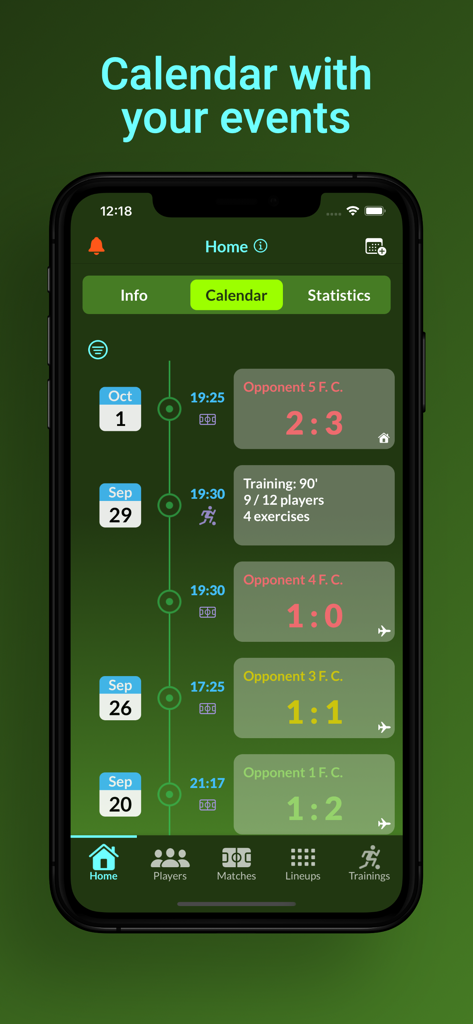 Football Coach Manager - Interfaz de la aplicación Football Coach Manager que muestra una línea de tiempo cronológica de partidos pasados con puntuaciones y sesiones de entrenamiento.