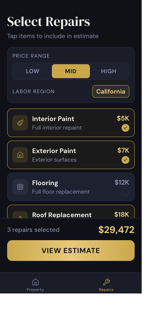 Instant Repairs - Interface showing selection of property repairs with localized cost estimates for California
